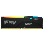Frontal view of Kingston FURY Beast RGB 16GB DDR5 6000MT/s CL30 RAM showing sleek black heat spreader and vibrant RGB lighting – Premium gaming stock at Storage Hub Kolkata.