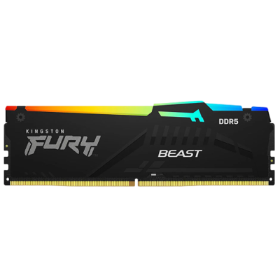 Frontal view of Kingston FURY Beast RGB 16GB DDR5 6000MT/s CL30 RAM showing sleek black heat spreader and vibrant RGB lighting – Premium gaming stock at Storage Hub Kolkata.
