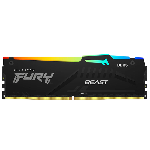 Frontal view of Kingston FURY Beast RGB 16GB DDR5 6000MT/s CL30 RAM showing sleek black heat spreader and vibrant RGB lighting – Premium gaming stock at Storage Hub Kolkata.