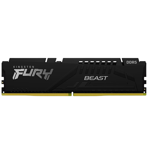 Front view of Kingston FURY Beast Black 32GB DDR5 6000MT/s RAM module showing embossed FURY branding and low-profile black aluminum heat spreader – Storage Hub India Authorized Stock.