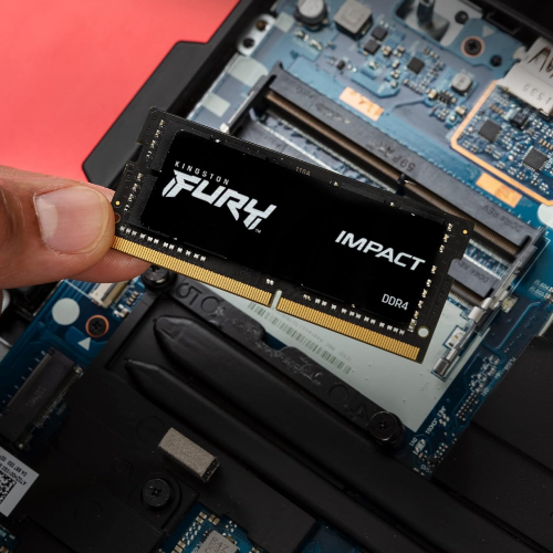 Close-up of the 260-pin gold contacts and thermal branding on Kingston FURY Impact 8GB DDR4 KF432S20IB/8 – Technical verification by Storage Hub Kolkata.