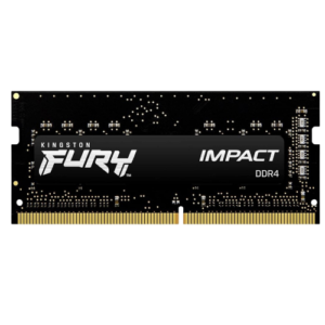 Front view of Kingston FURY Impact 8GB DDR4 3200MT/s SODIMM laptop RAM module with sleek black thermal label – High-performance laptop upgrade stock at Storage Hub Kolkata.