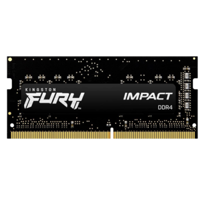 Front view of Kingston FURY Impact 8GB DDR4 3200MT/s SODIMM laptop RAM module with sleek black thermal label – High-performance laptop upgrade stock at Storage Hub Kolkata.