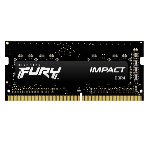 Front view of Kingston FURY Impact 8GB DDR4 3200MT/s SODIMM laptop RAM module with sleek black thermal label – High-performance laptop upgrade stock at Storage Hub Kolkata.