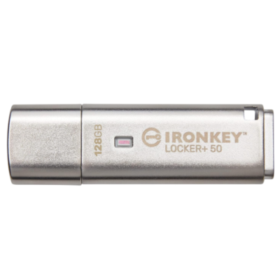 Kingston IronKey Locker+ 50 128GB encrypted USB 3.2 Gen 1 flash drive front view